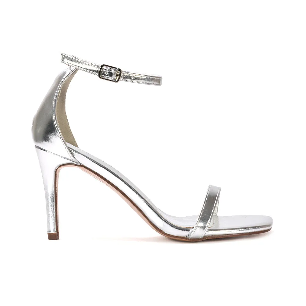 Emma Square Toe Stiletto High Heel Summer Sandals With Ankle Strap in Black Synthetic Leather