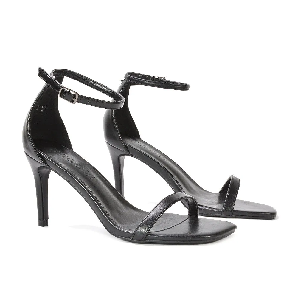 Emma Square Toe Stiletto High Heel Summer Sandals With Ankle Strap in Black Synthetic Leather