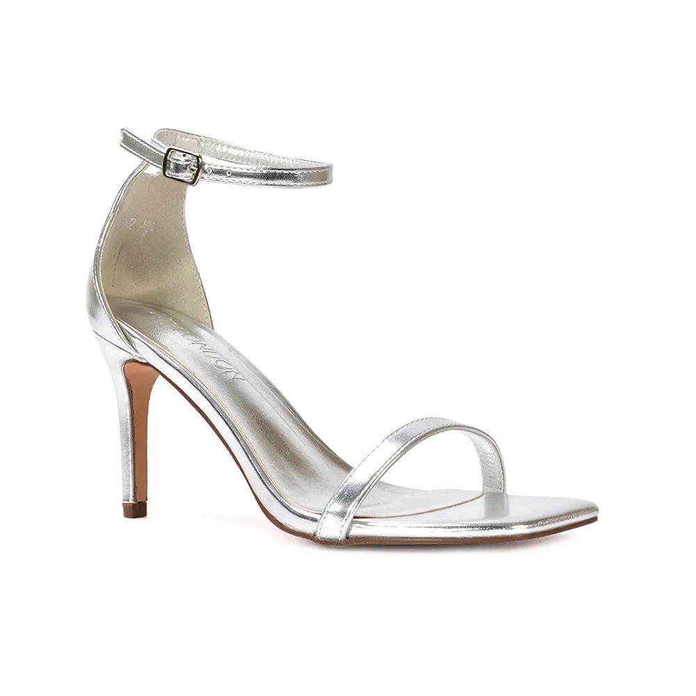 Emma Square Toe Stiletto High Heel Summer Sandals With Ankle Strap in Black Synthetic Leather