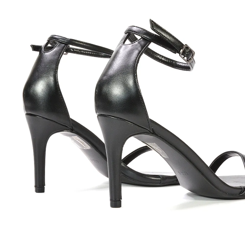 Emma Square Toe Stiletto High Heel Summer Sandals With Ankle Strap in Black Synthetic Leather