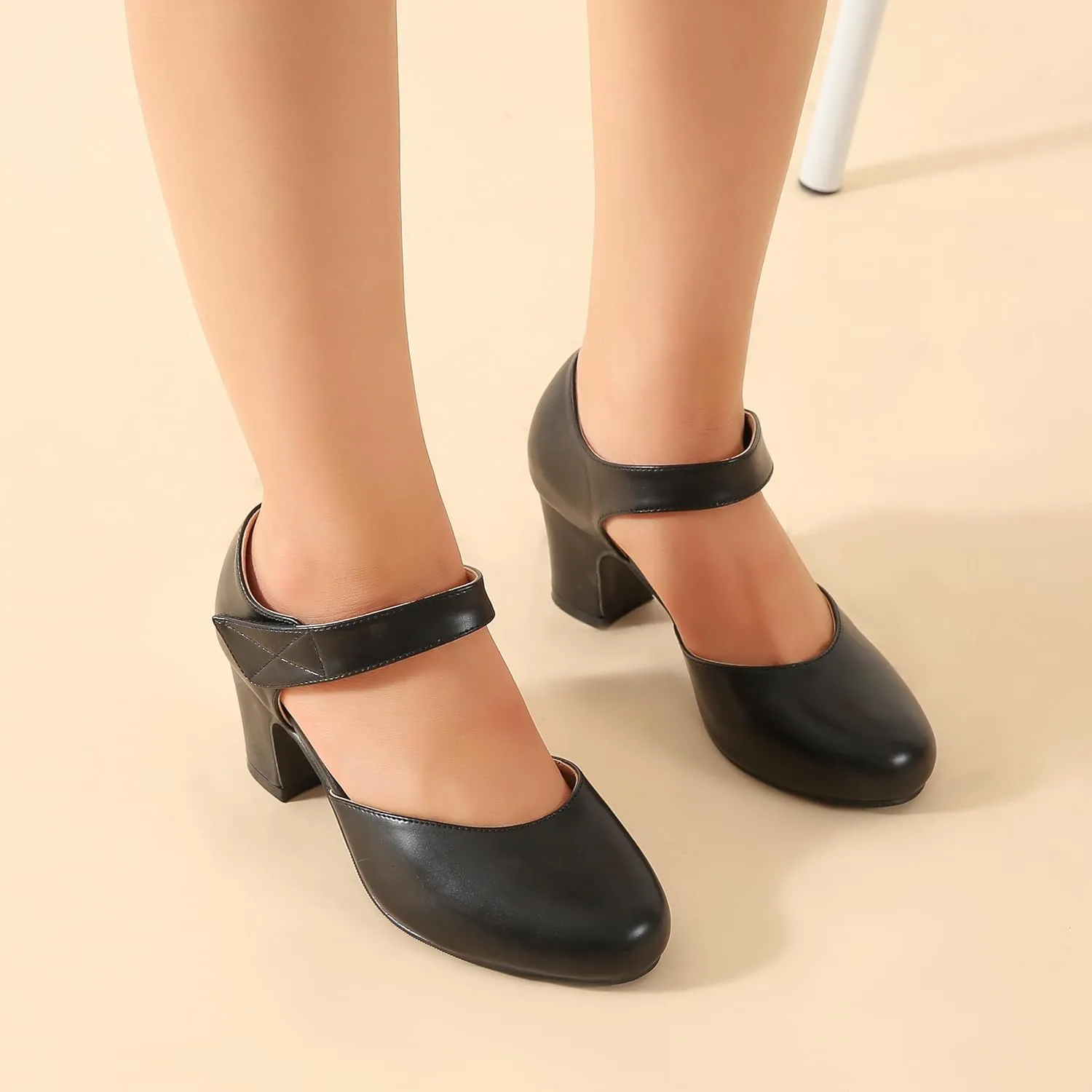 Enelauge Women's Ankle Strap Block Chunky Heels Closed Round Toe Pumps D'Orsay Comfortable Vintage Dressy Bridal Wedding Party Shoes