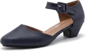 Enelauge Women's Ankle Strap Closed Toe Low Chunky Heel Dress Work Pumps