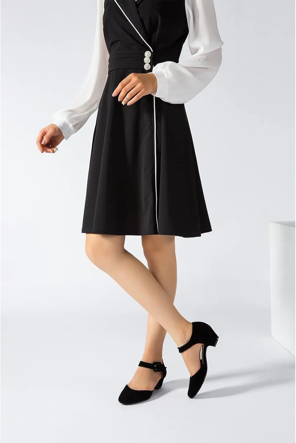 Enelauge Women's Ankle Strap Closed Toe Low Chunky Heel Dress Work Pumps
