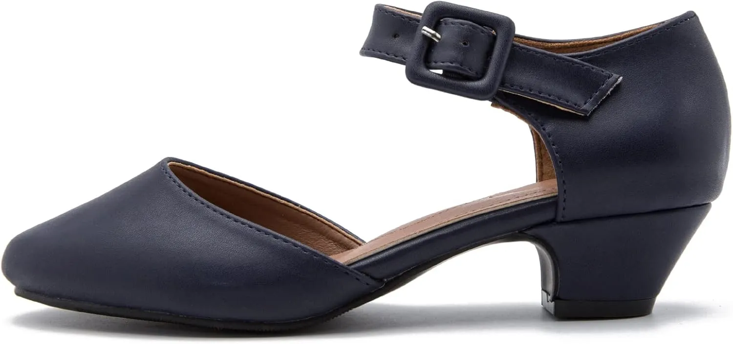 Enelauge Women's Ankle Strap Closed Toe Low Chunky Heel Dress Work Pumps