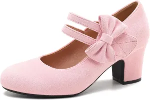 Enelauge Women's Mary Jane Heels with Bow Retro Closed Round Toe Pumps Sweet Ankle Strap Low Block Heels Chic Bowtie Vintage Dress Wedding Party Office Daily Shoes