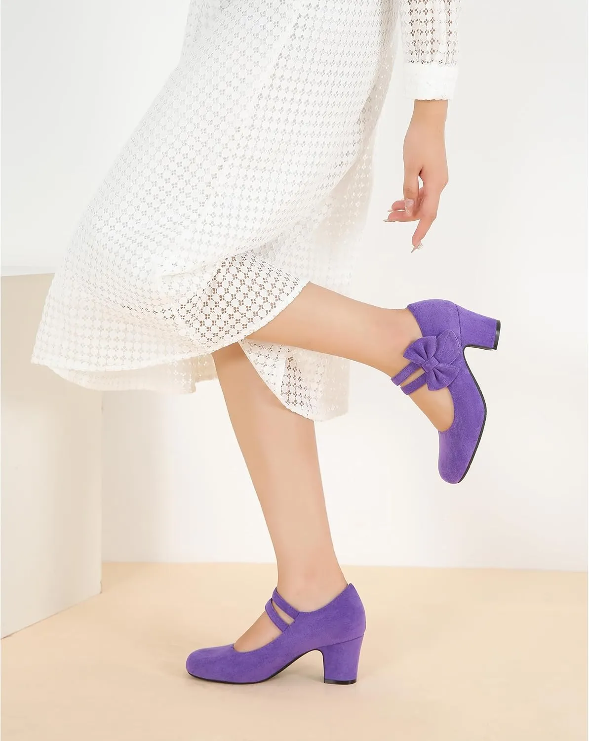 Enelauge Women's Mary Jane Heels with Bow Retro Closed Round Toe Pumps Sweet Ankle Strap Low Block Heels Chic Bowtie Vintage Dress Wedding Party Office Daily Shoes