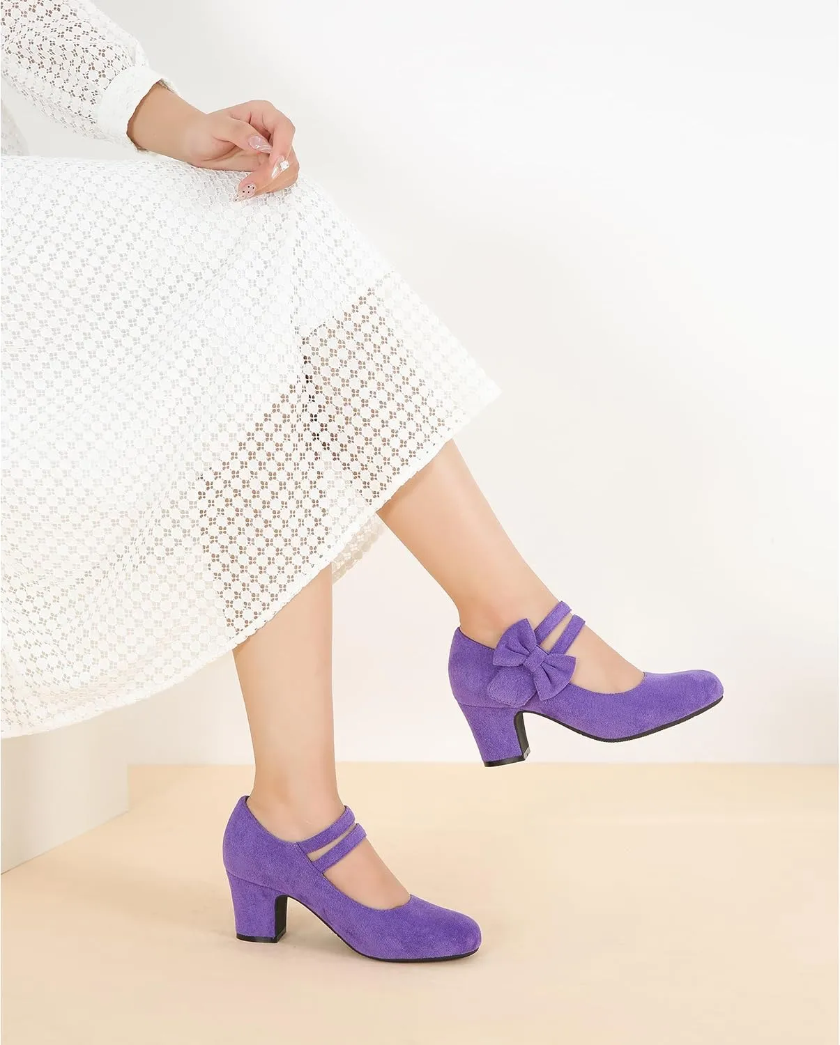 Enelauge Women's Mary Jane Heels with Bow Retro Closed Round Toe Pumps Sweet Ankle Strap Low Block Heels Chic Bowtie Vintage Dress Wedding Party Office Daily Shoes