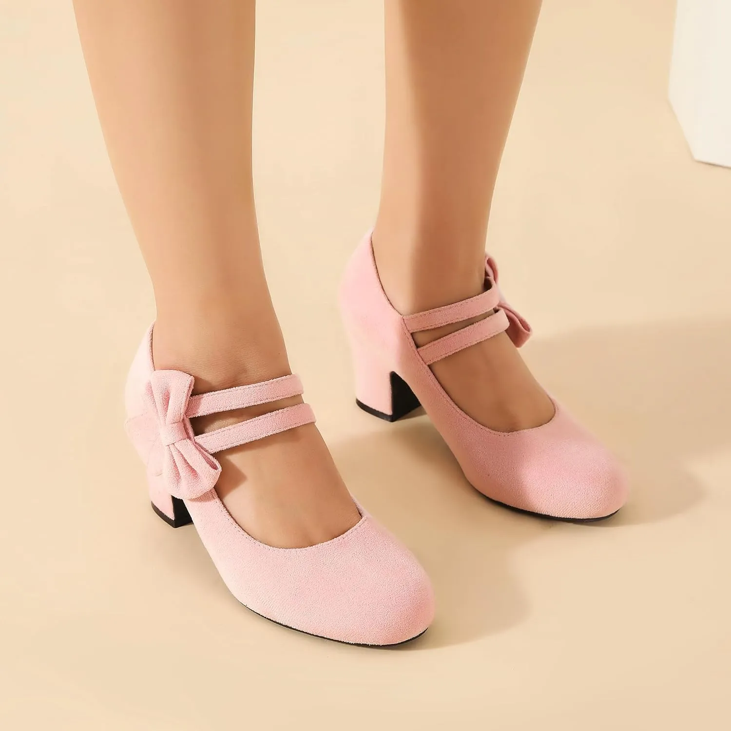 Enelauge Women's Mary Jane Heels with Bow Retro Closed Round Toe Pumps Sweet Ankle Strap Low Block Heels Chic Bowtie Vintage Dress Wedding Party Office Daily Shoes