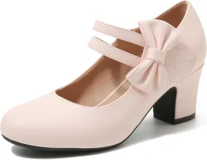 Enelauge Women's Mary Jane Heels with Bow Retro Closed Round Toe Pumps Sweet Ankle Strap Low Block Heels Chic Bowtie Vintage Dress Wedding Party Office Daily Shoes