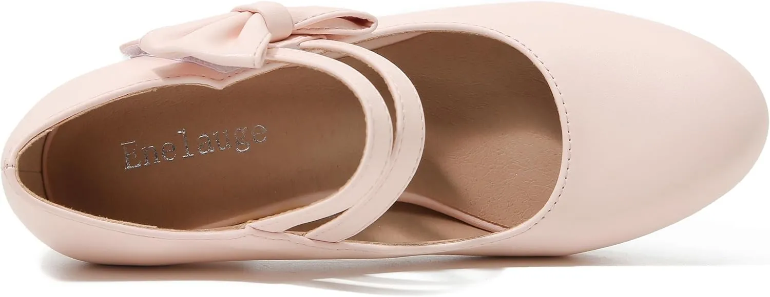Enelauge Women's Mary Jane Heels with Bow Retro Closed Round Toe Pumps Sweet Ankle Strap Low Block Heels Chic Bowtie Vintage Dress Wedding Party Office Daily Shoes