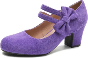 Enelauge Women's Mary Jane Heels with Bow Retro Closed Round Toe Pumps Sweet Ankle Strap Low Block Heels Chic Bowtie Vintage Dress Wedding Party Office Daily Shoes