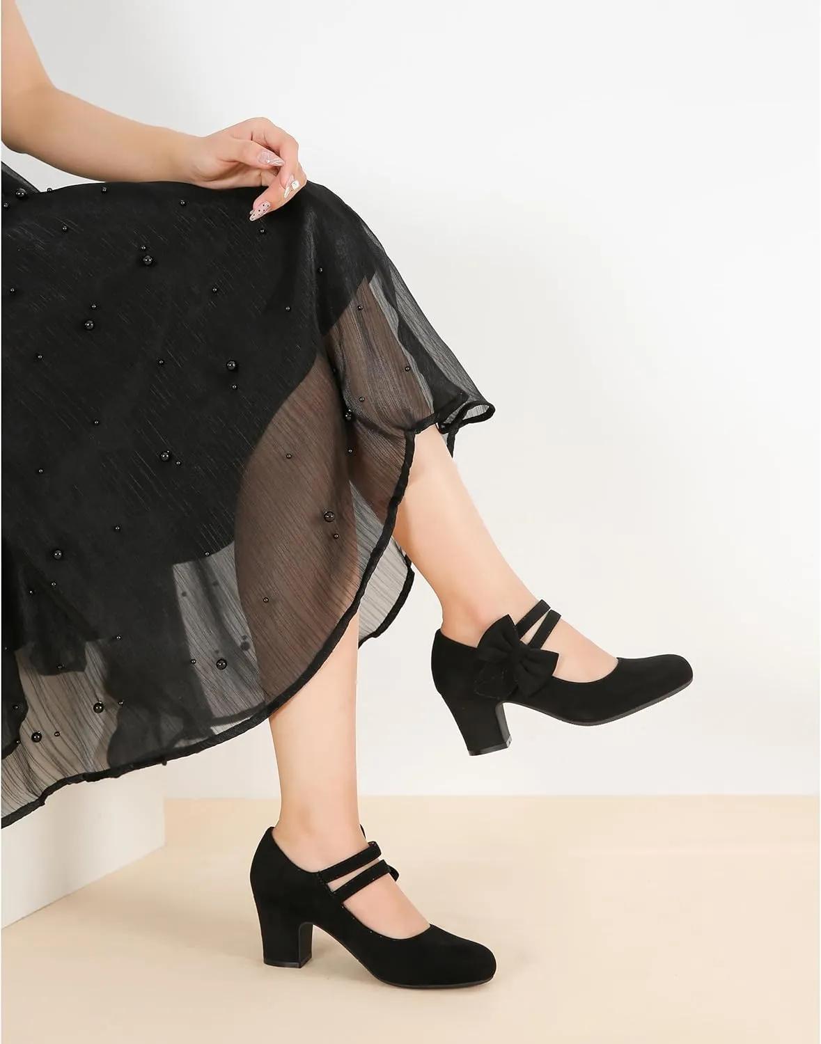 Enelauge Women's Mary Jane Heels with Bow Retro Closed Round Toe Pumps Sweet Ankle Strap Low Block Heels Chic Bowtie Vintage Dress Wedding Party Office Daily Shoes