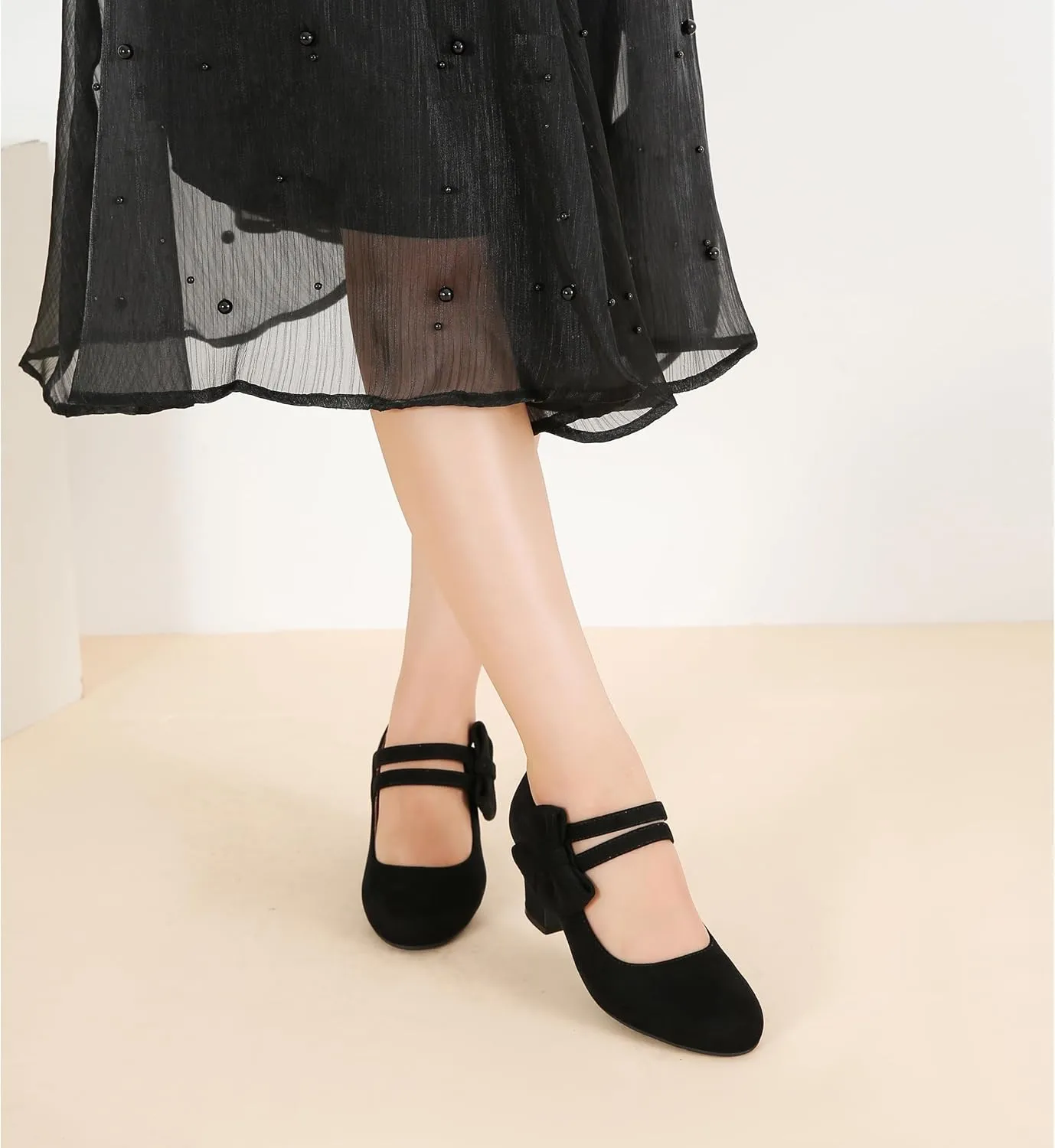 Enelauge Women's Mary Jane Heels with Bow Retro Closed Round Toe Pumps Sweet Ankle Strap Low Block Heels Chic Bowtie Vintage Dress Wedding Party Office Daily Shoes