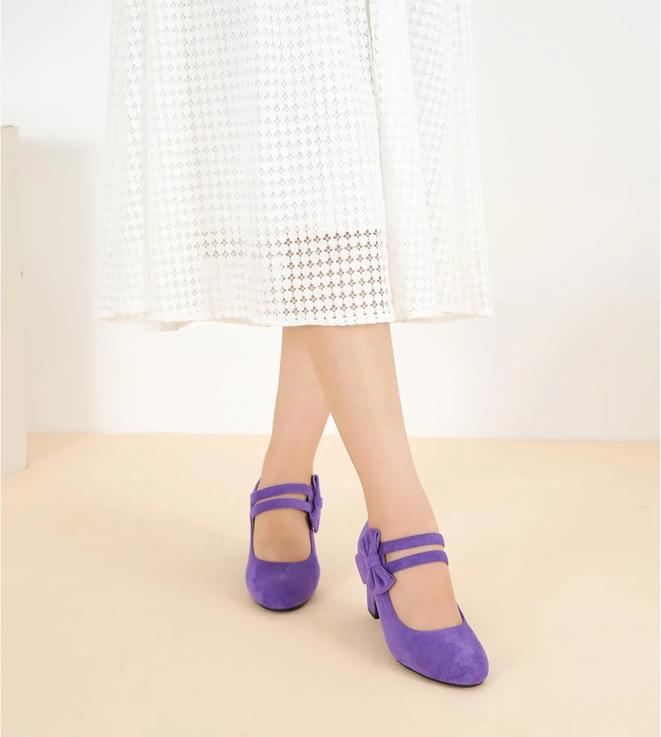 Enelauge Women's Mary Jane Heels with Bow Retro Closed Round Toe Pumps Sweet Ankle Strap Low Block Heels Chic Bowtie Vintage Dress Wedding Party Office Daily Shoes