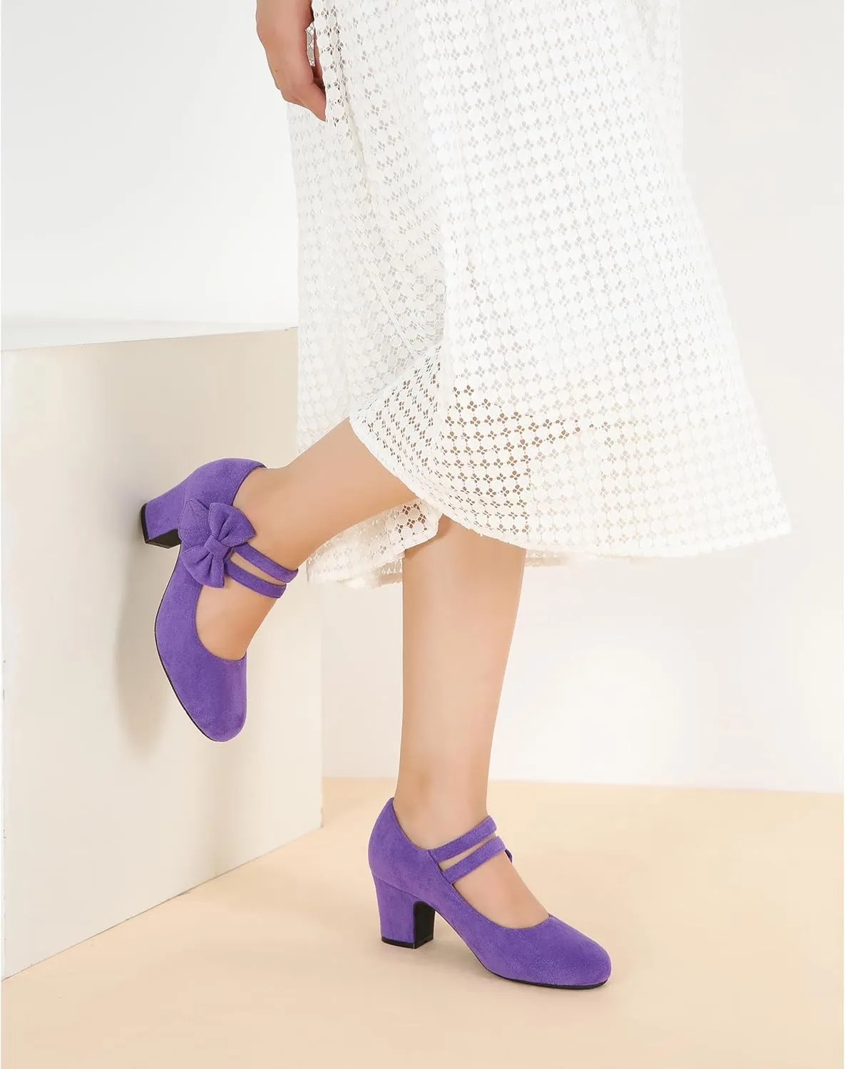 Enelauge Women's Mary Jane Heels with Bow Retro Closed Round Toe Pumps Sweet Ankle Strap Low Block Heels Chic Bowtie Vintage Dress Wedding Party Office Daily Shoes