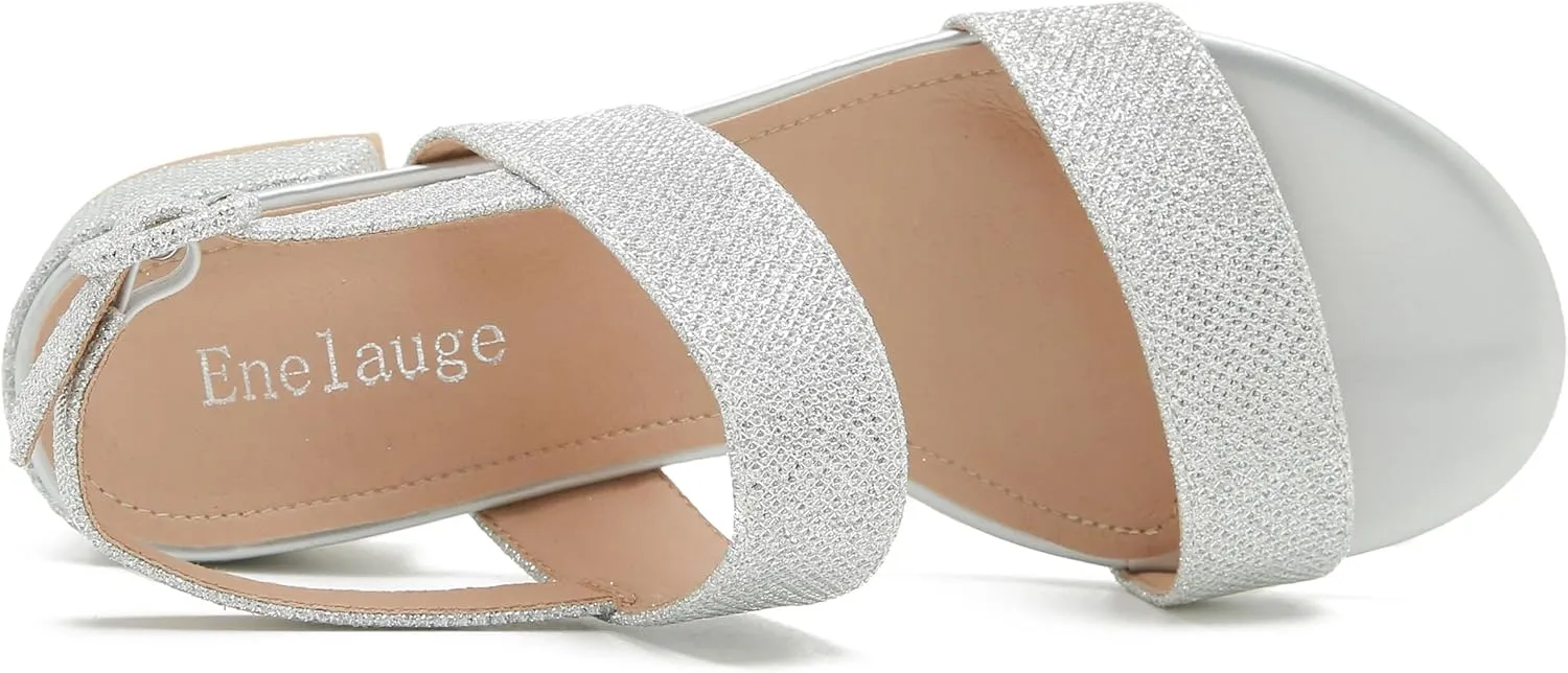 Enelauge Women's Open Toe Ankle Strap Low Block Chunky Heels Sandals Holiday Party Wedding Dress Pumps Shoes