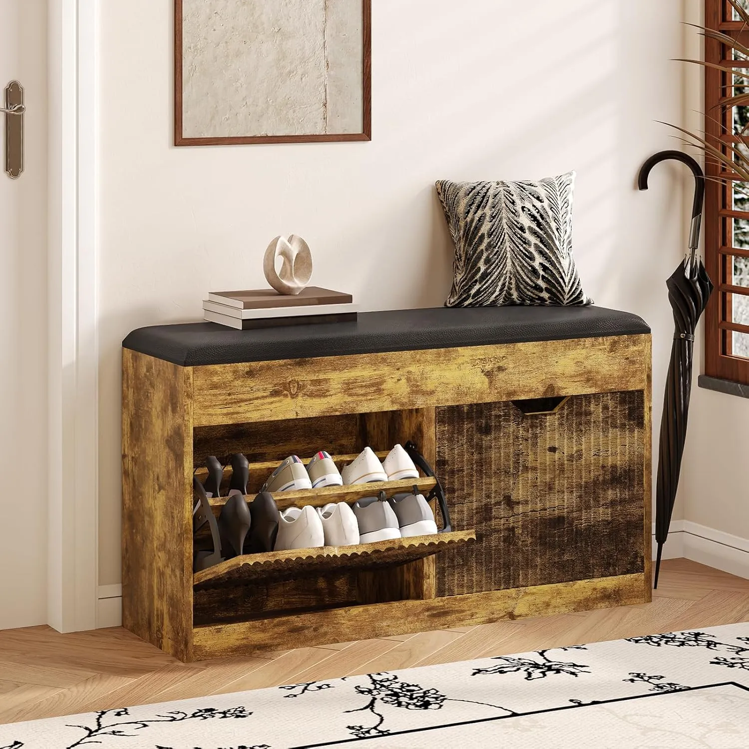 Entryway Bench, 39inches Shoe Storage Benches, Shoe Rack Benches with 2 Flip 2-Tier Shoes Storage Cabinet Hallway Bench for Entryway, Living Room, Bedroom(Dark Brown)