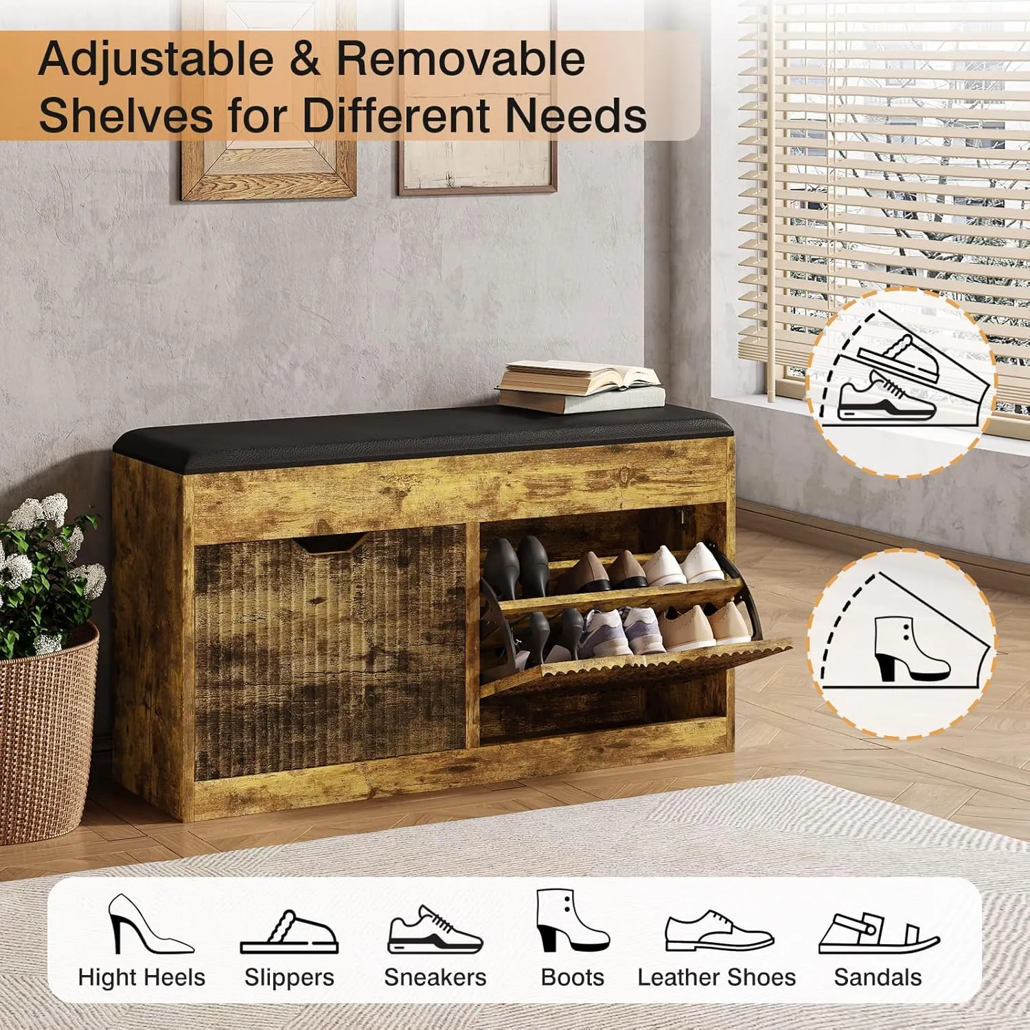 Entryway Bench, 39inches Shoe Storage Benches, Shoe Rack Benches with 2 Flip 2-Tier Shoes Storage Cabinet Hallway Bench for Entryway, Living Room, Bedroom(Dark Brown)