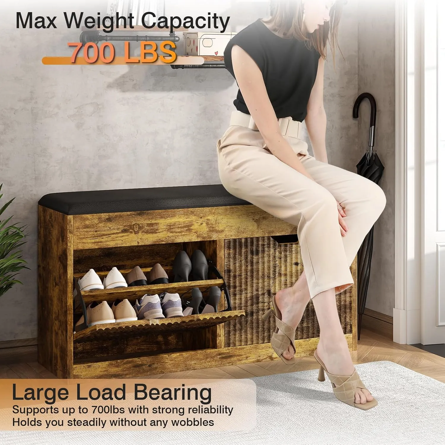 Entryway Bench, 39inches Shoe Storage Benches, Shoe Rack Benches with 2 Flip 2-Tier Shoes Storage Cabinet Hallway Bench for Entryway, Living Room, Bedroom(Dark Brown)