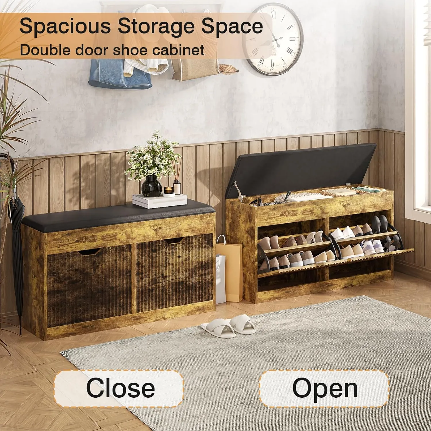 Entryway Bench, 39inches Shoe Storage Benches, Shoe Rack Benches with 2 Flip 2-Tier Shoes Storage Cabinet Hallway Bench for Entryway, Living Room, Bedroom(Dark Brown)