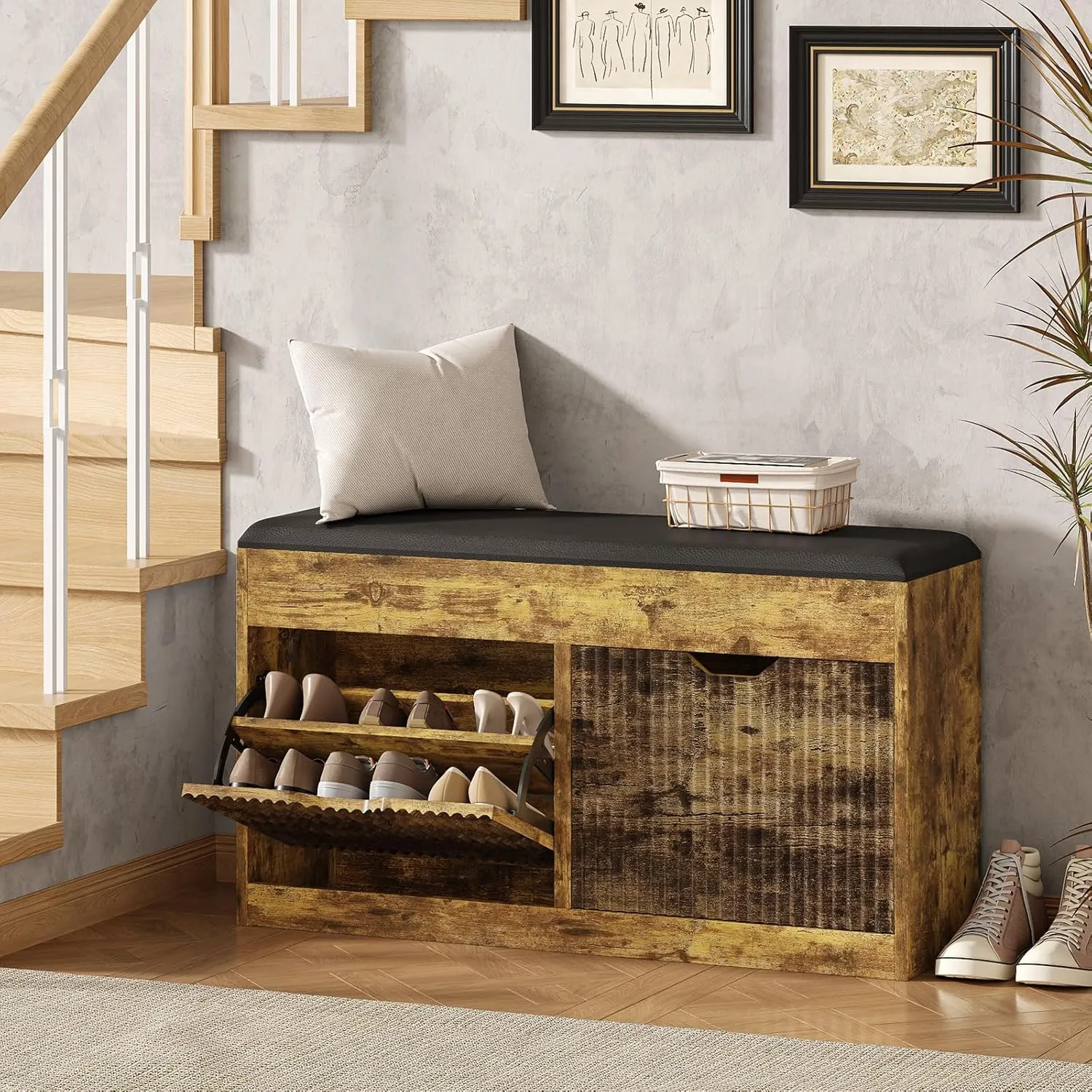 Entryway Bench, 39inches Shoe Storage Benches, Shoe Rack Benches with 2 Flip 2-Tier Shoes Storage Cabinet Hallway Bench for Entryway, Living Room, Bedroom(Dark Brown)