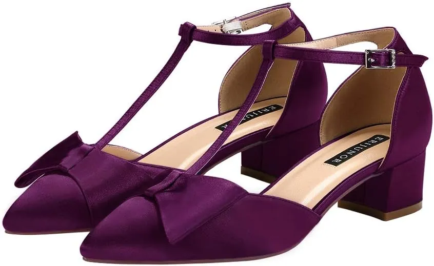 ERIJUNOR Bow Shoes Comfortable Chunky Low Heels for Women Pointy Toe T-Strap Evening Wedding Satin Shoes