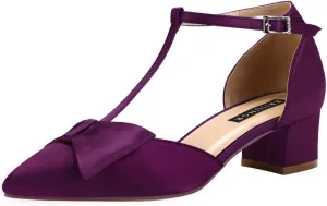 ERIJUNOR Bow Shoes Comfortable Chunky Low Heels for Women Pointy Toe T-Strap Evening Wedding Satin Shoes