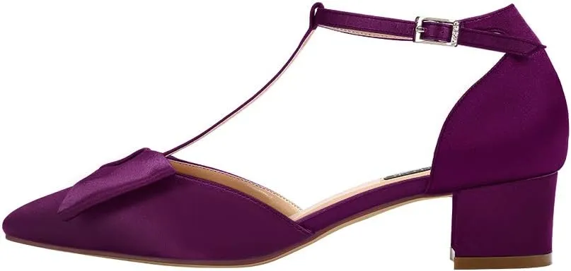 ERIJUNOR Bow Shoes Comfortable Chunky Low Heels for Women Pointy Toe T-Strap Evening Wedding Satin Shoes