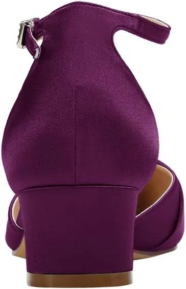 ERIJUNOR Bow Shoes Comfortable Chunky Low Heels for Women Pointy Toe T-Strap Evening Wedding Satin Shoes