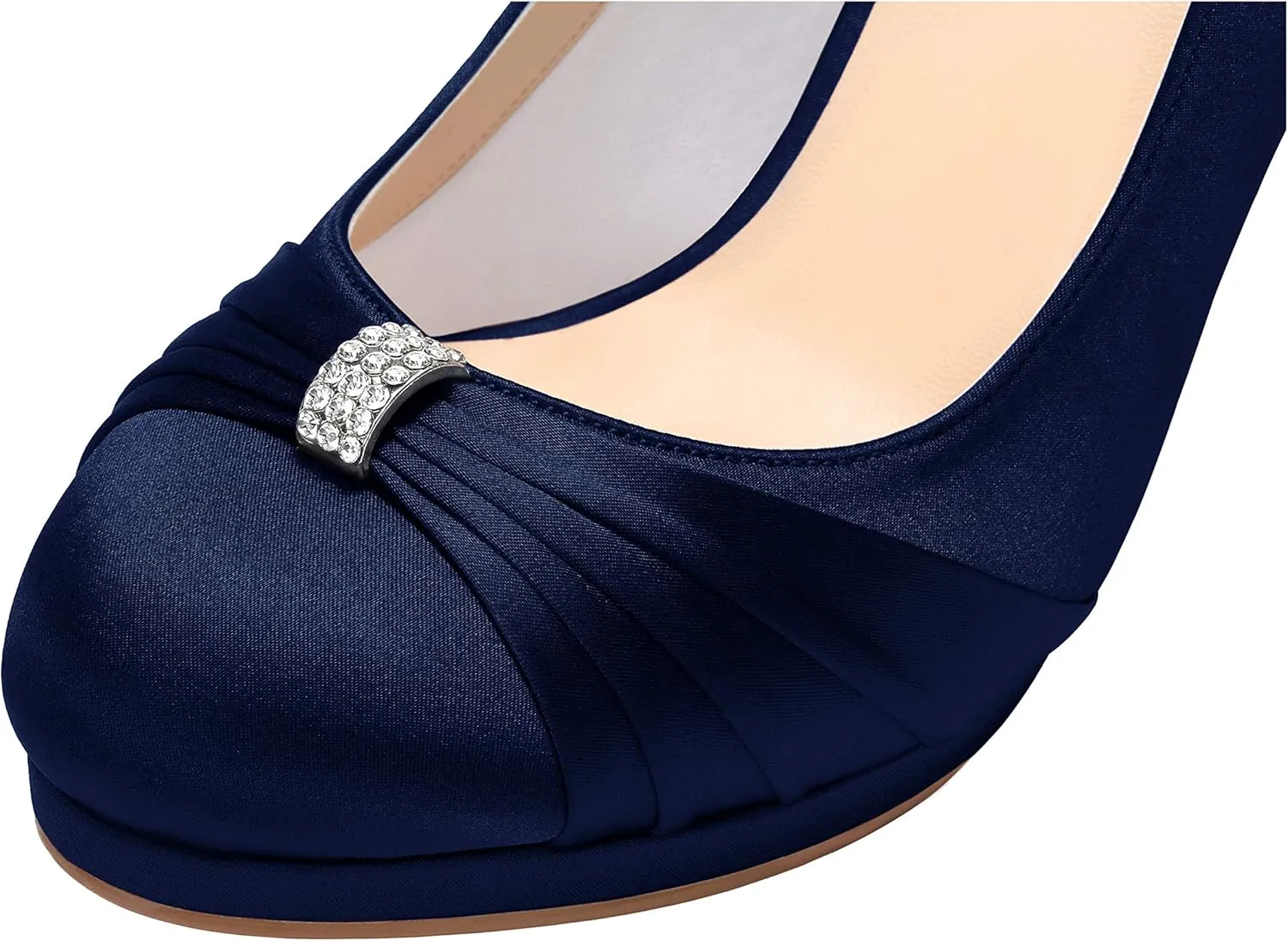 ERIJUNOR Women Comfortable Mid Heel Pumps Closed Toe Rhinestones Brooch Satin Evening Prom Wedding Shoes