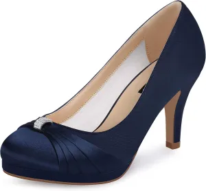 ERIJUNOR Women Comfortable Mid Heel Pumps Closed Toe Rhinestones Brooch Satin Evening Prom Wedding Shoes