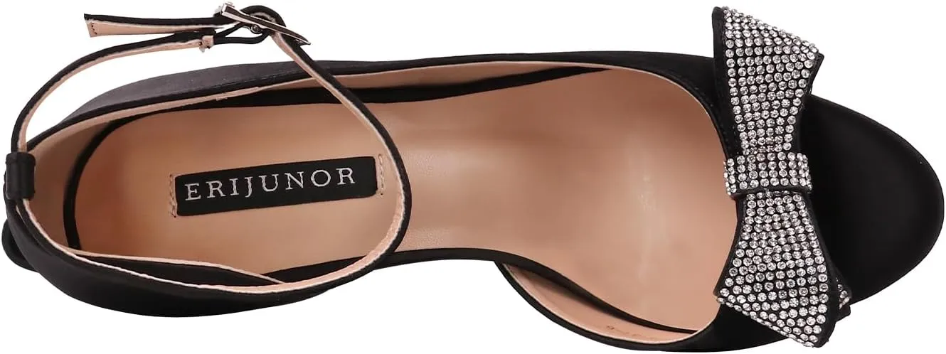 ERIJUNOR Women Comfortable Middle Heel Peep Toe Bows Rhinestones Satin Wedding Evening Party Shoes