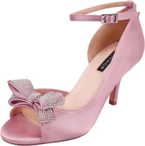 ERIJUNOR Women Comfortable Middle Heel Peep Toe Bows Rhinestones Satin Wedding Evening Party Shoes