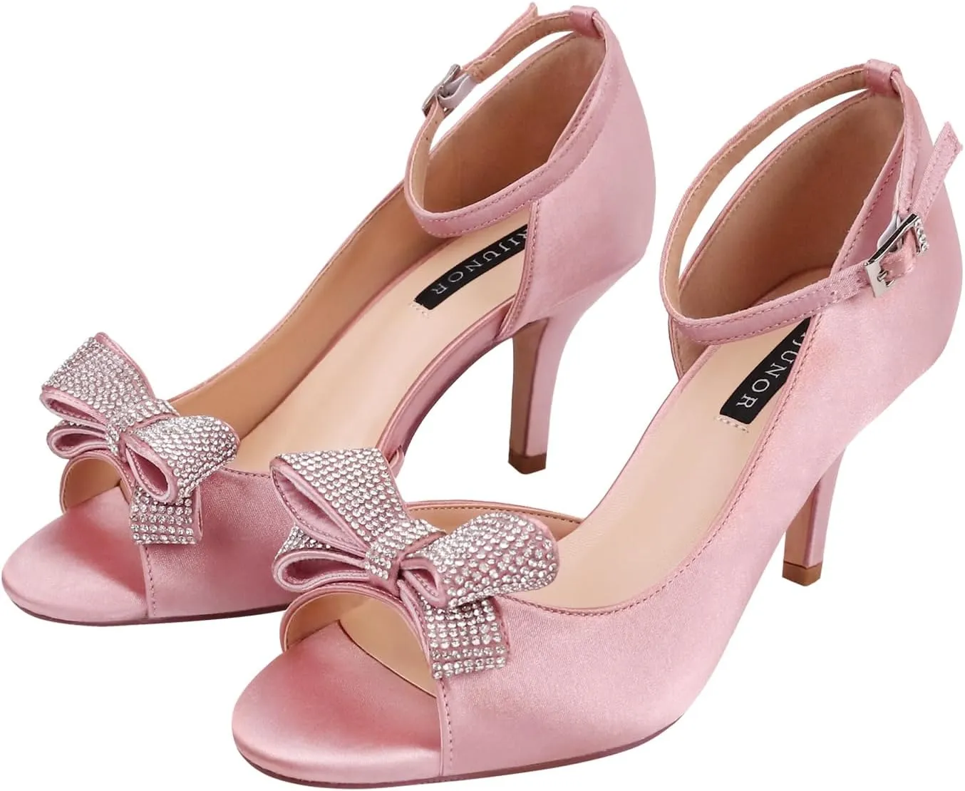 ERIJUNOR Women Comfortable Middle Heel Peep Toe Bows Rhinestones Satin Wedding Evening Party Shoes