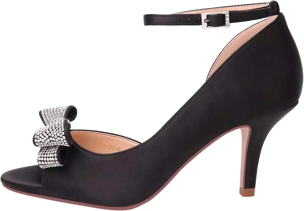 ERIJUNOR Women Comfortable Middle Heel Peep Toe Bows Rhinestones Satin Wedding Evening Party Shoes
