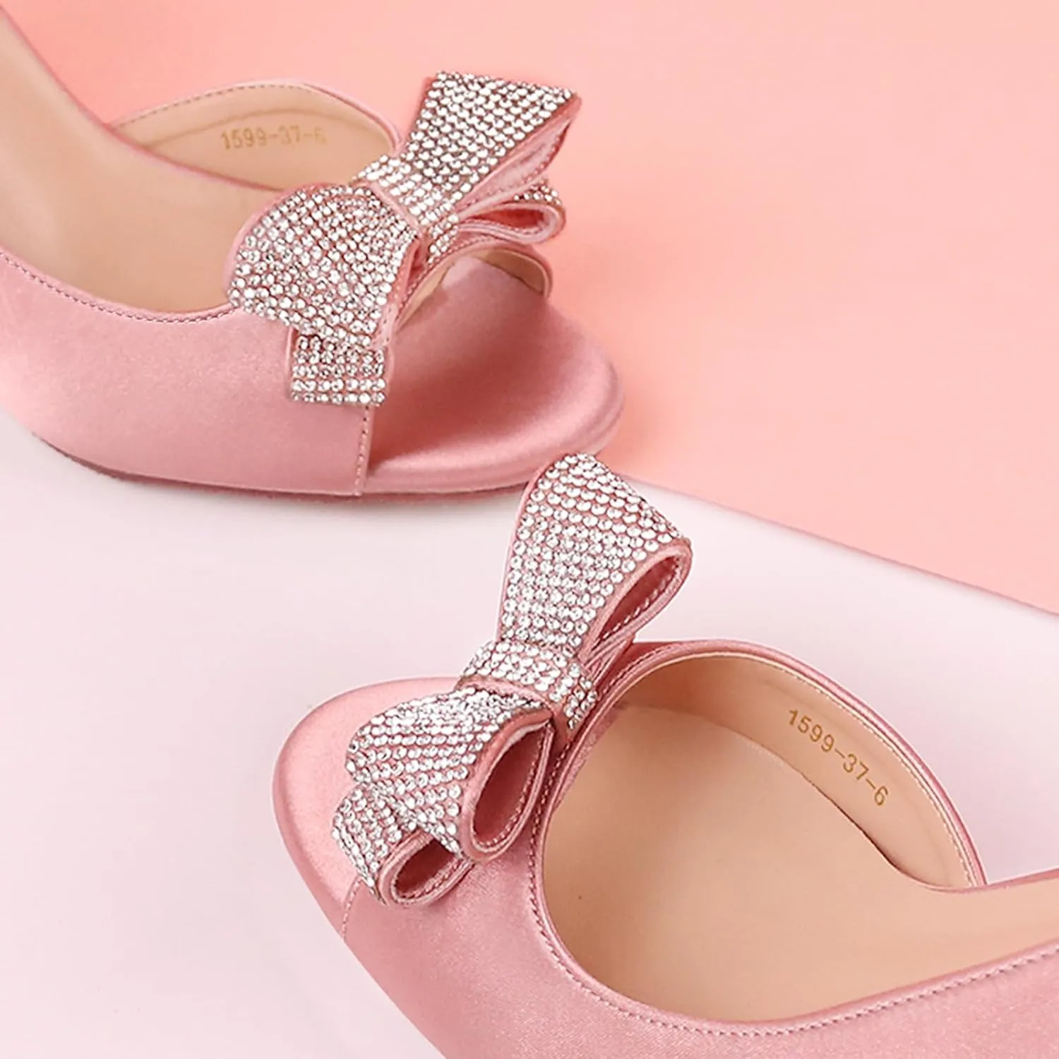 ERIJUNOR Women Comfortable Middle Heel Peep Toe Bows Rhinestones Satin Wedding Evening Party Shoes