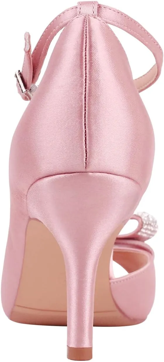 ERIJUNOR Women Comfortable Middle Heel Peep Toe Bows Rhinestones Satin Wedding Evening Party Shoes