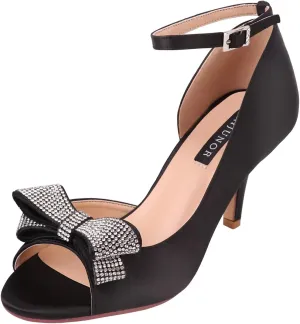 ERIJUNOR Women Comfortable Middle Heel Peep Toe Bows Rhinestones Satin Wedding Evening Party Shoes
