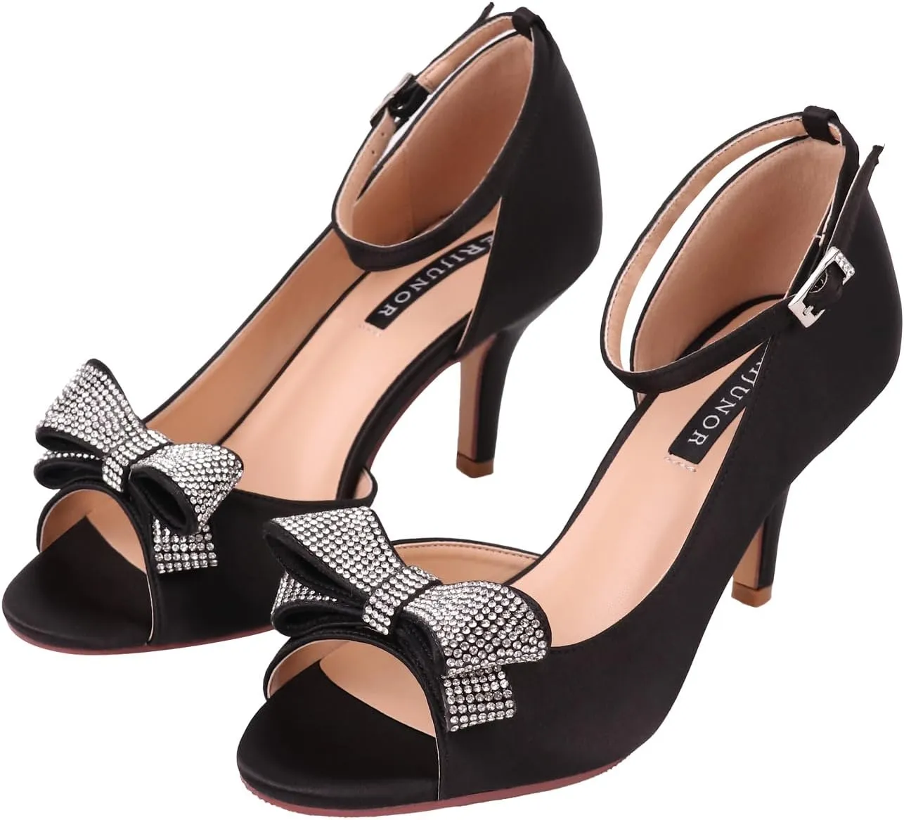ERIJUNOR Women Comfortable Middle Heel Peep Toe Bows Rhinestones Satin Wedding Evening Party Shoes