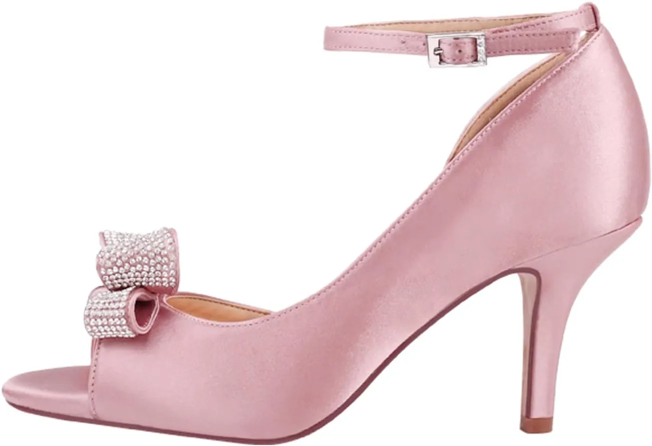 ERIJUNOR Women Comfortable Middle Heel Peep Toe Bows Rhinestones Satin Wedding Evening Party Shoes