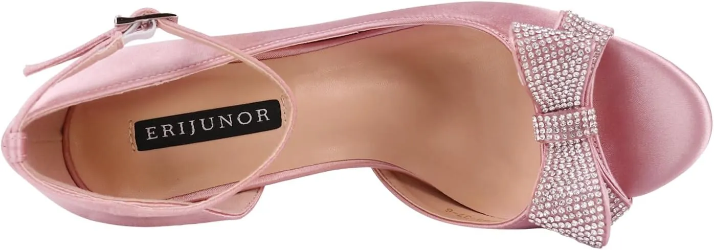 ERIJUNOR Women Comfortable Middle Heel Peep Toe Bows Rhinestones Satin Wedding Evening Party Shoes