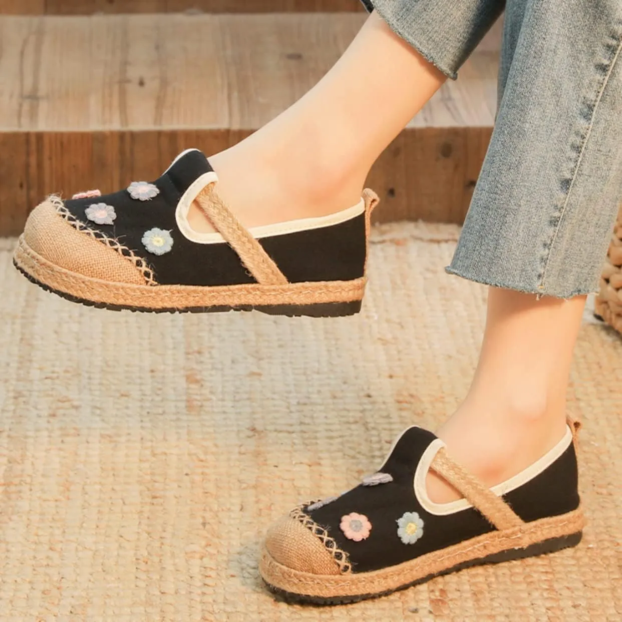 Espadrilles for Women Flat Slip on Loafers House Shoes Floral Embroidered Shoes Casual Linen Everyday Hiking Shoes