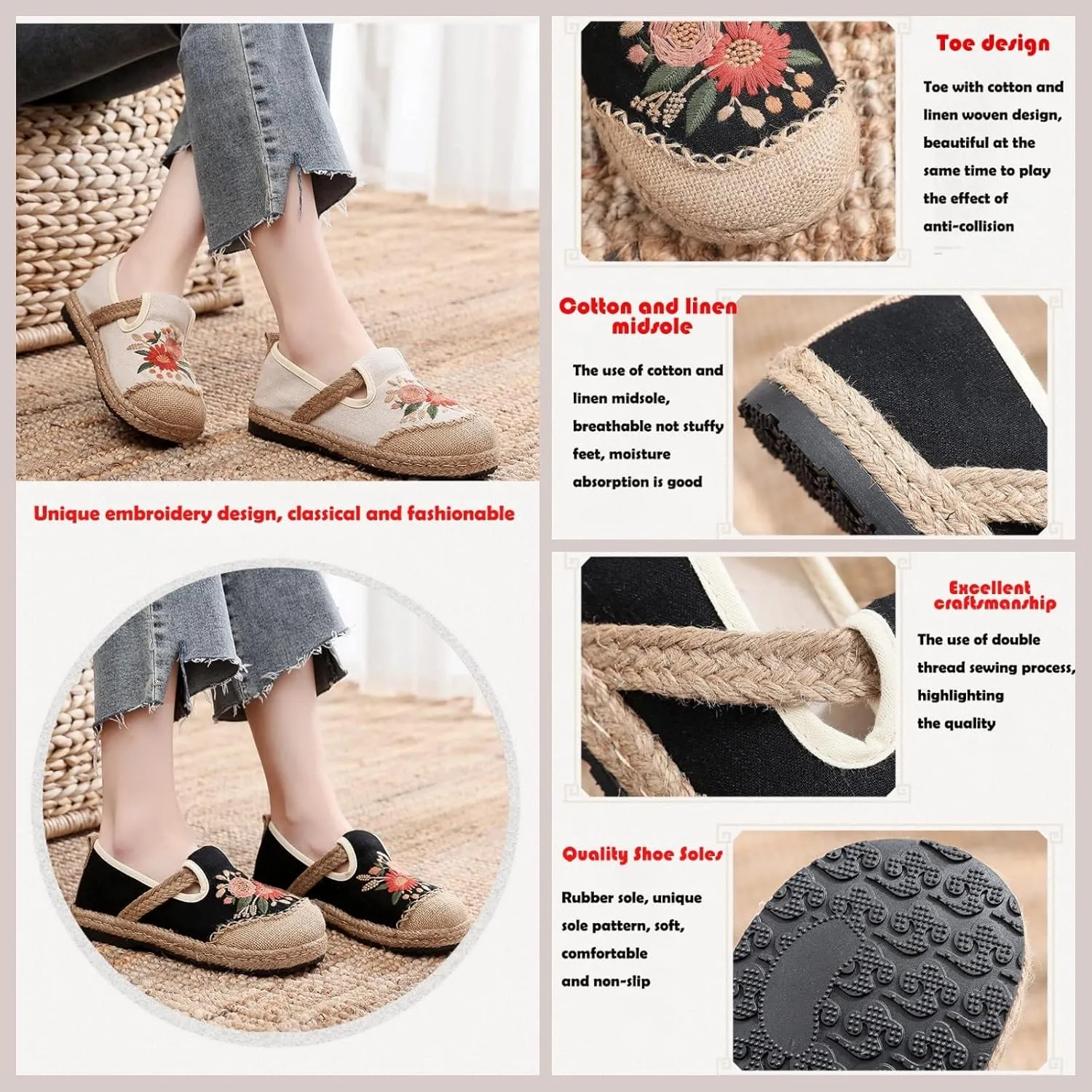 Espadrilles for Women Flat Slip on Loafers House Shoes Flowers Embroidered Casual Linen Closed Toe Espadrilles