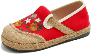 Espadrilles for Women Flat Teenage Girls Slip on Loafers House Shoes Floral Embroidered Shoes Ethnic Style Casual Linen Sneakers