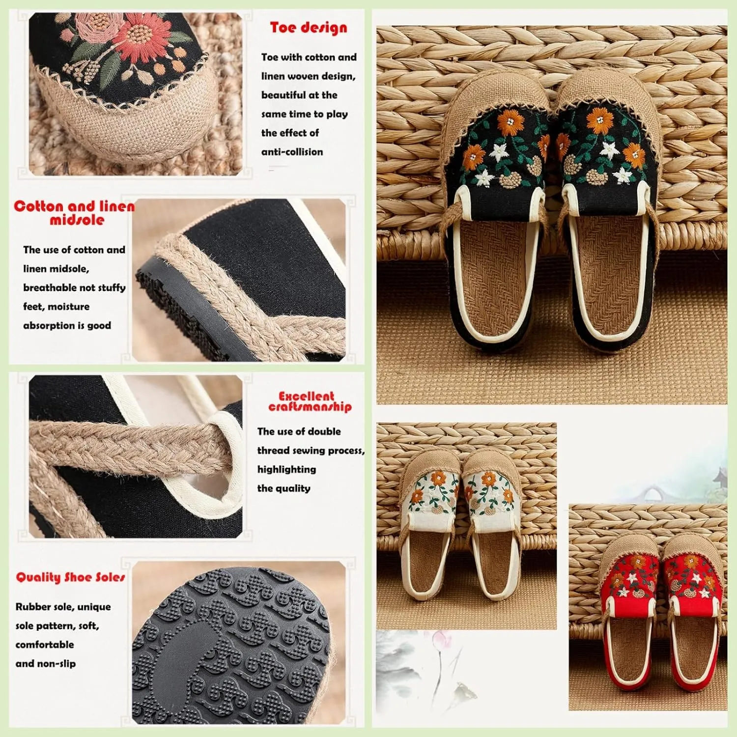 Espadrilles for Women Flat Teenage Girls Slip on Loafers House Shoes Floral Embroidered Shoes Ethnic Style Casual Linen Sneakers