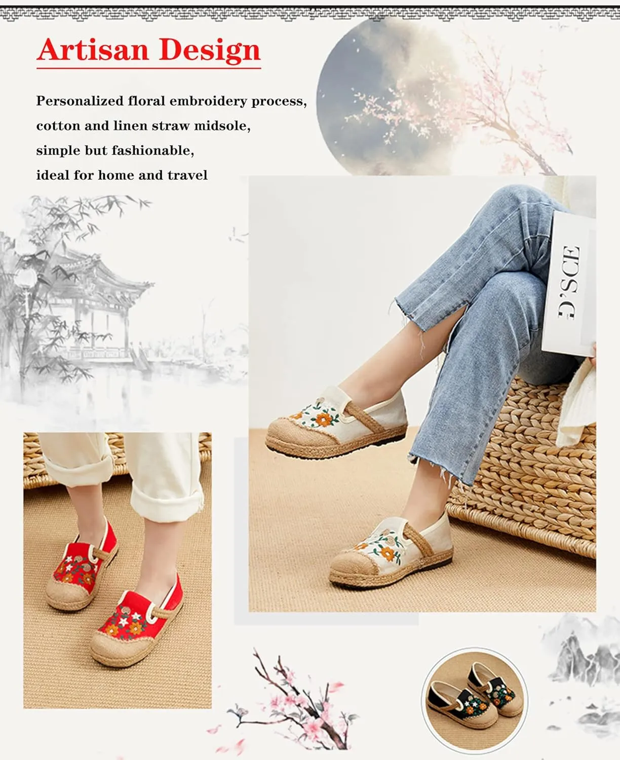 Espadrilles for Women Flat Teenage Girls Slip on Loafers House Shoes Floral Embroidered Shoes Ethnic Style Casual Linen Sneakers