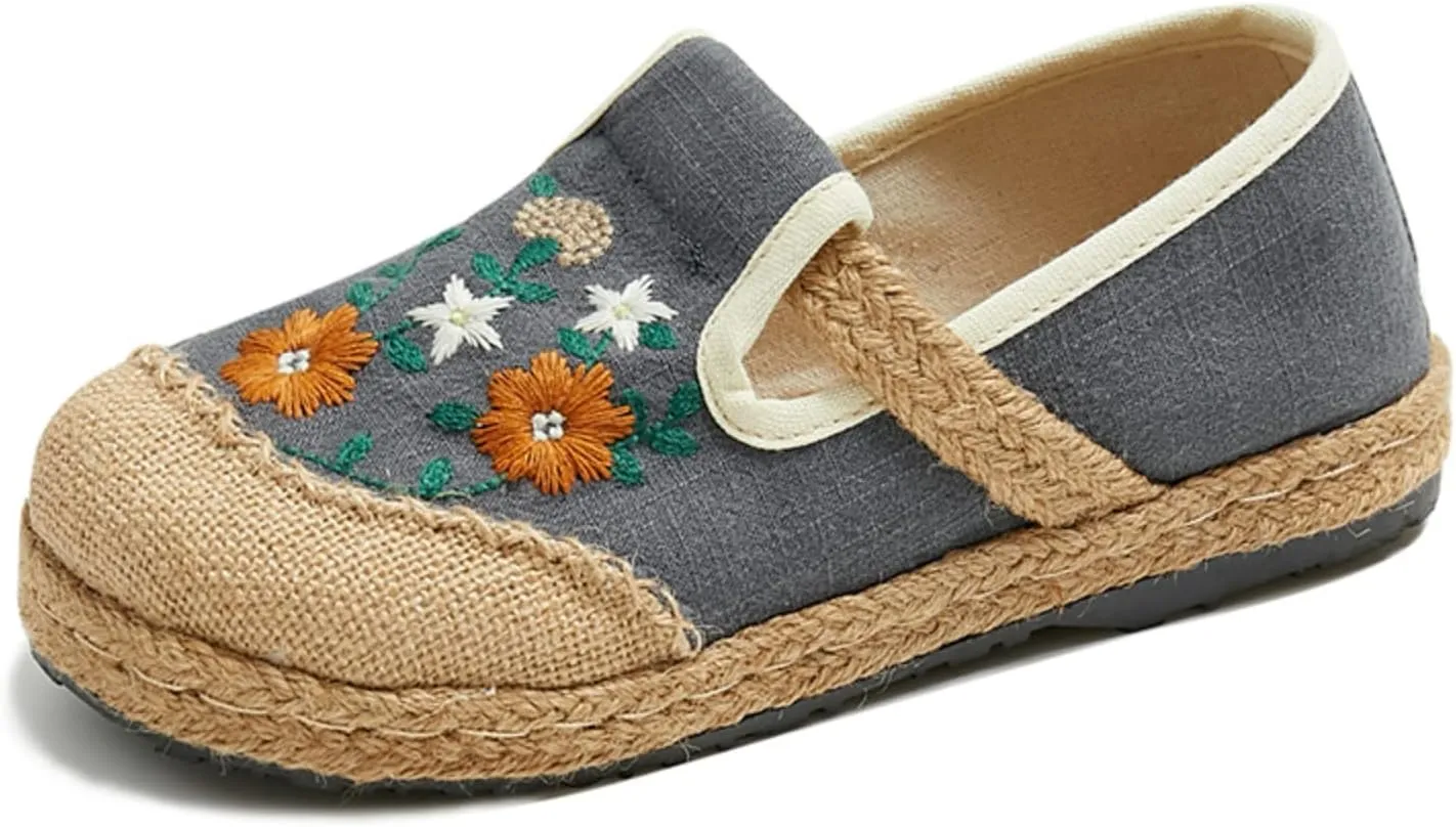 Espadrilles for Women Flat Teenage Girls Slip on Loafers House Shoes Floral Embroidered Shoes Ethnic Style Casual Linen Sneakers