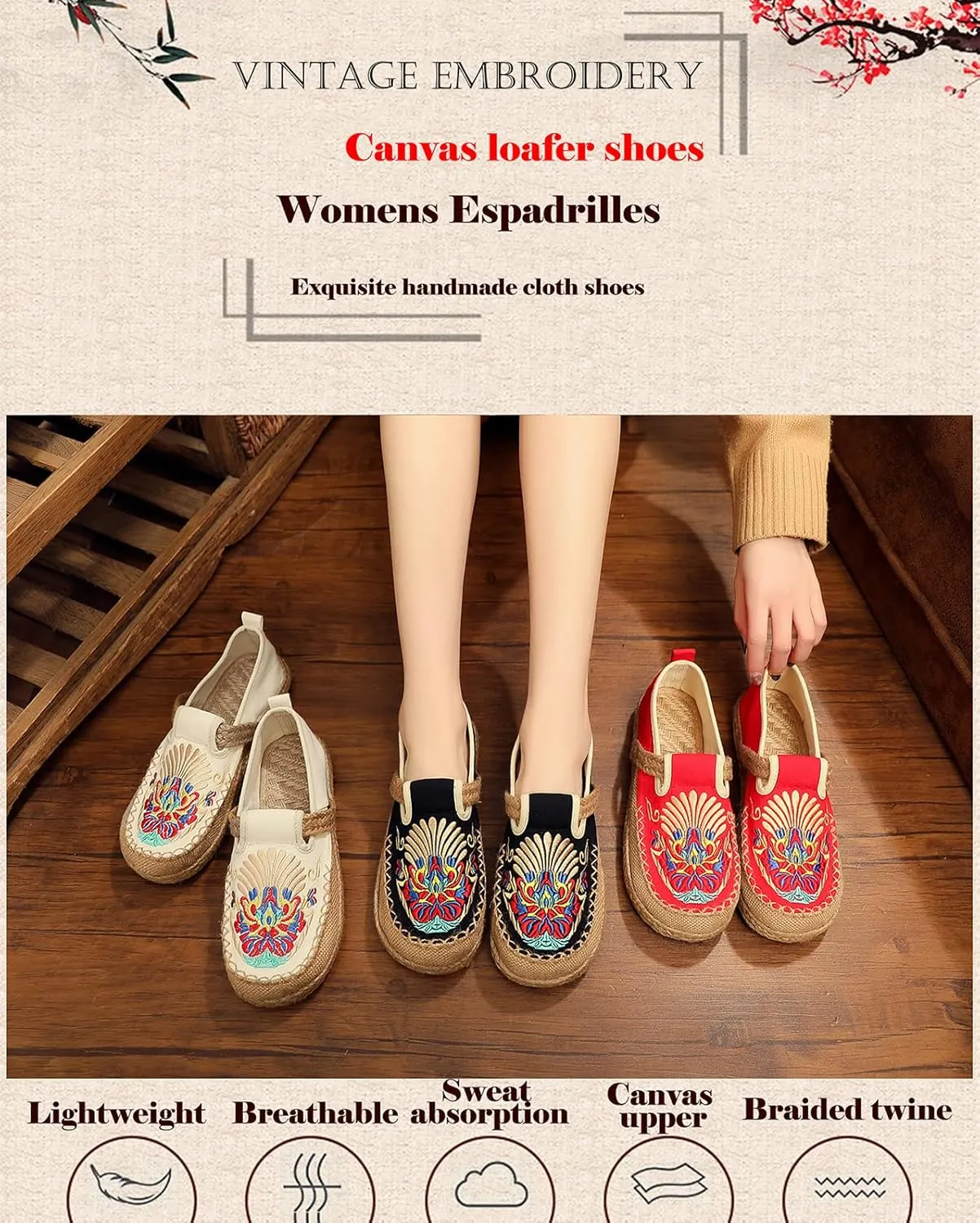 Espadrilles for Women Flats Canvas Loafers & Slip-ons Ethnic Style Embroidered Shoes Casual Comfort House Shoes