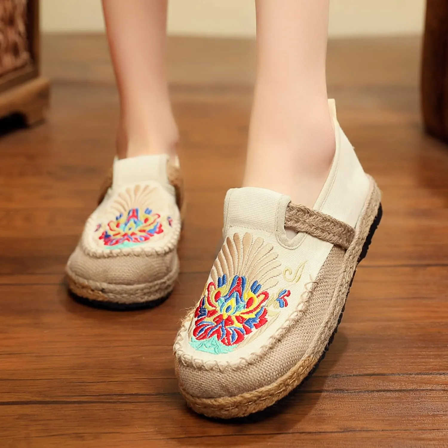 Espadrilles for Women Flats Canvas Loafers & Slip-ons Ethnic Style Embroidered Shoes Casual Comfort House Shoes