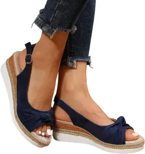 Espadrilles Wedge Sandals for Women, Women's Open Toe Platform Wedges Heels Summer Dressy Shoes Comfortable Ankle Strap Low Heel Canvas Bow Dress Sandals